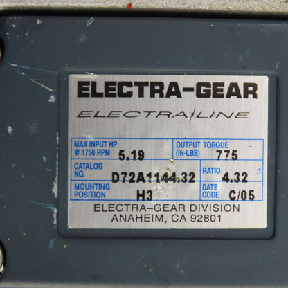 Electra-Gear D72A1144.32 LeCentric Speed Reducer Gearbox 4.32 Ratio 5.19HP
