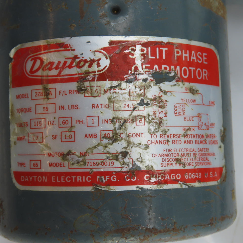 Dayton 2Z818A 24:1 Ratio 1/15HP Gearmotor 115V 1Ph 67.5RPM W/ Foot Pedal Tested