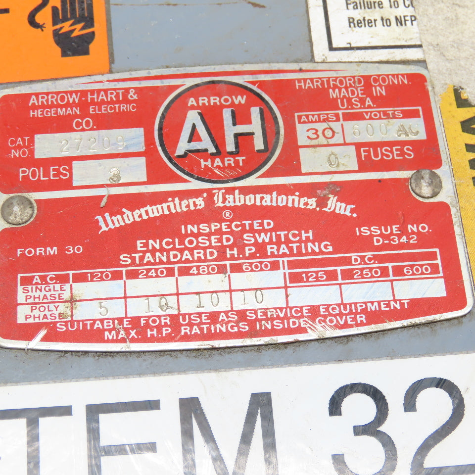 Arrow Hart 27209 30A 3P 600V Non Fused Safety Disconnect Switch