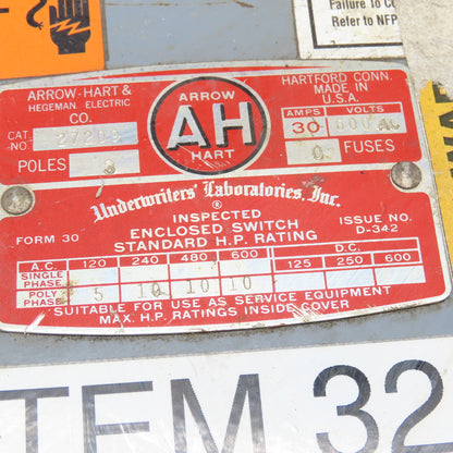 Arrow Hart 27209 30A 3P 600V Non Fused Safety Disconnect Switch