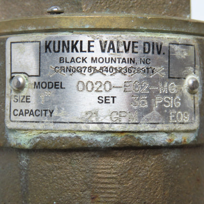Kunkle 0020-E02-MG 1" Safety Pressure Relief Valve 35PSIG Set 21GPM 90° Ports