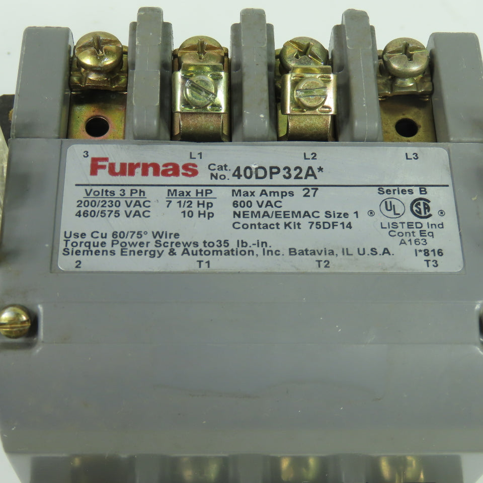 Furnas 40DP32A* NEMA Size 1 3-Pole 27A Magnetic Contactor 600VAC