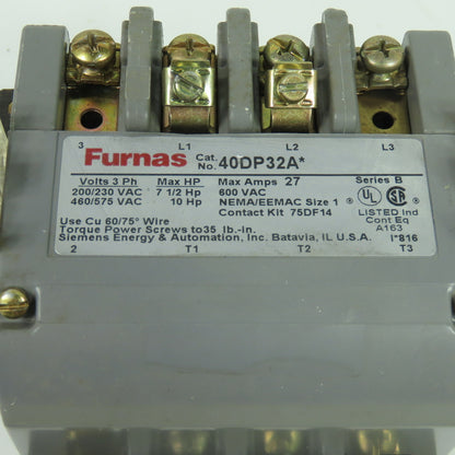 Furnas 40DP32A* NEMA Size 1 3-Pole 27A Magnetic Contactor 600VAC