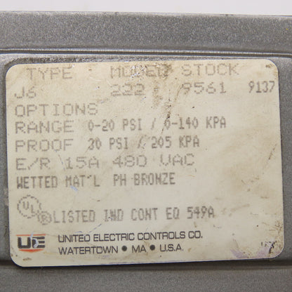 United Electric Controls J6 222 9561 Pressure Switch 0-20 PSI 480V 1/4" NPT