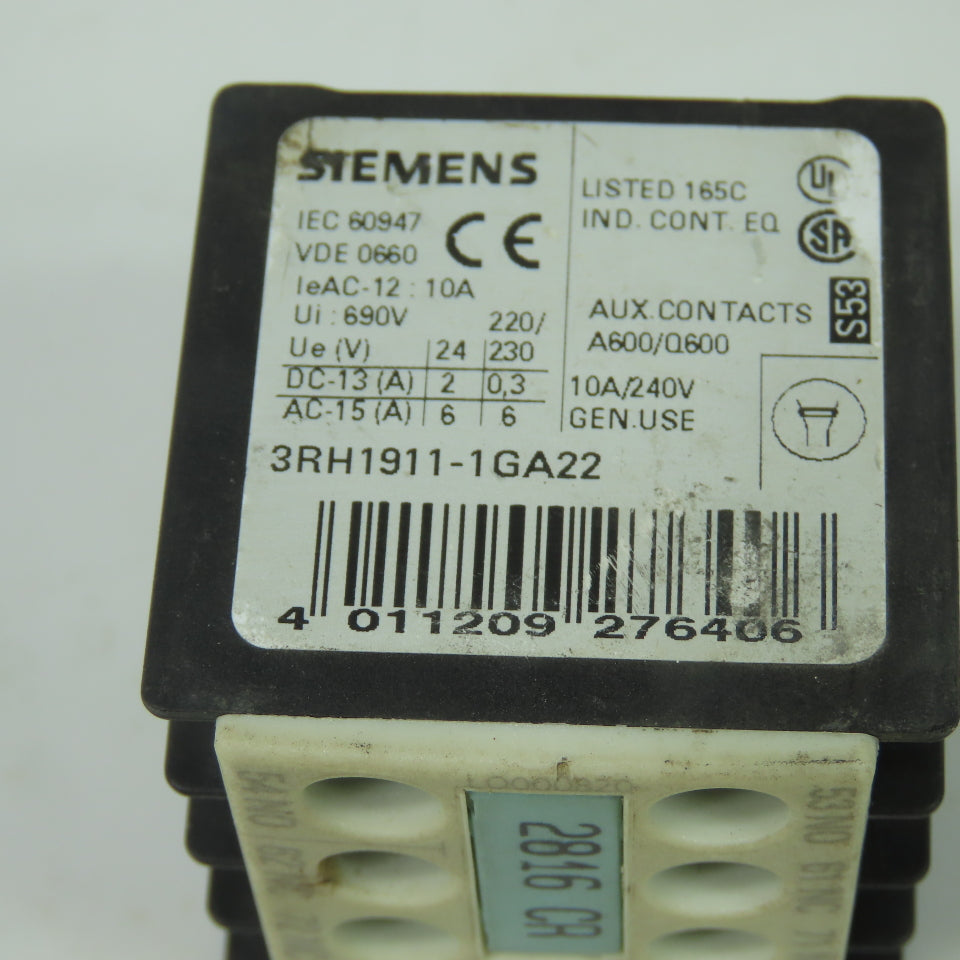 Siemens 3RH1911-1GA22 Auxiliary Contact Block 690V 10A A600/Q600 Lot of 3