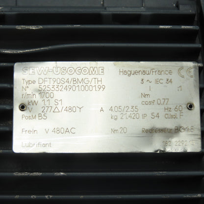 SEW-USOCOME DFT90S4/BMG/TH 1.1kW Electric Motor 277/480V 3Ph 1700RPM 20Nm