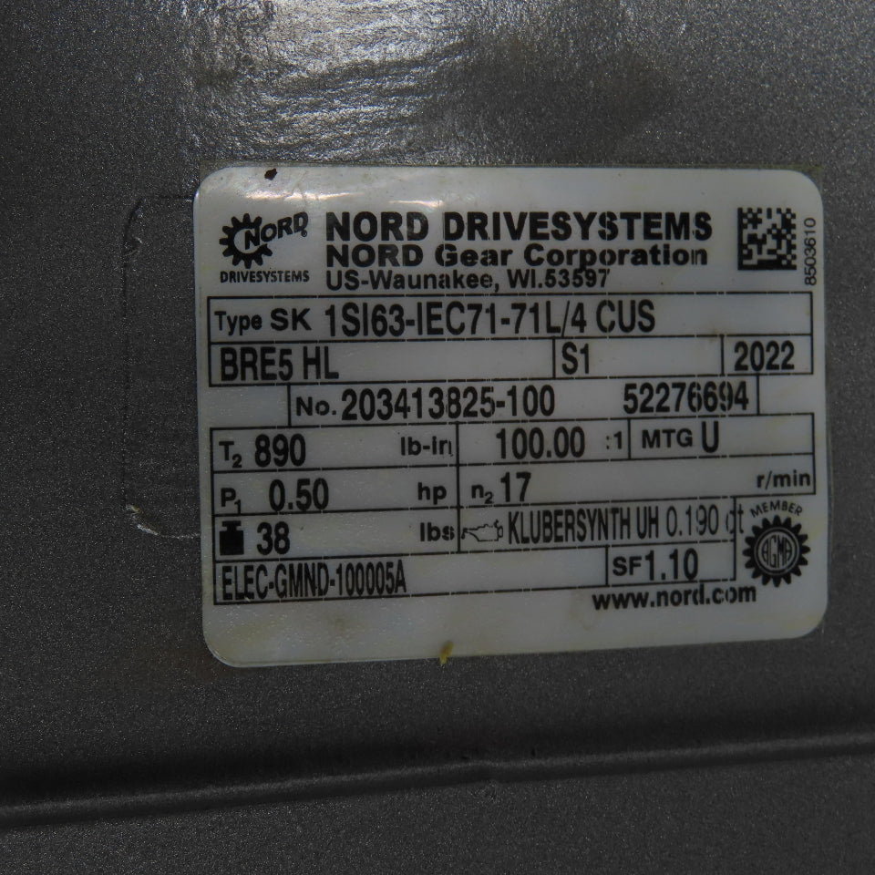 Nord SK 1SI63-IEC71-71L/4 CUS 0.5HP Gear Motor 100:1 Ratio 17 RPM Out 230/460V