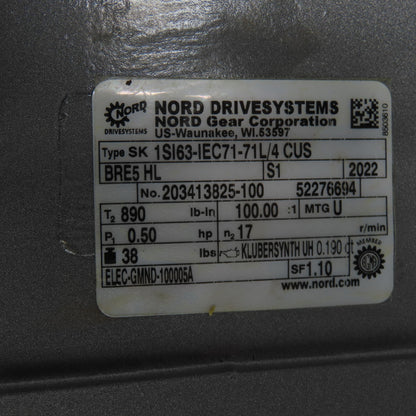 Nord SK 1SI63-IEC71-71L/4 CUS 0.5HP Gear Motor 100:1 Ratio 17 RPM Out 230/460V