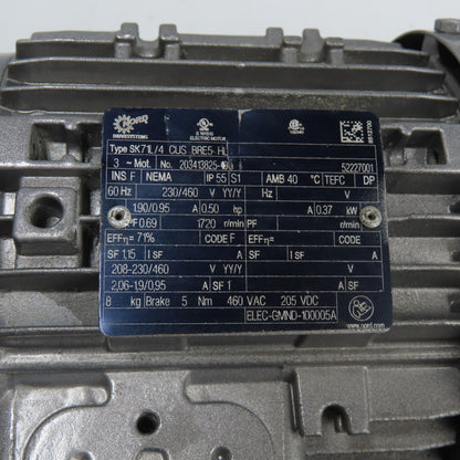 Nord SK 1SI63-IEC71-71L/4 CUS 0.5HP Gear Motor 100:1 Ratio 17 RPM Out 230/460V