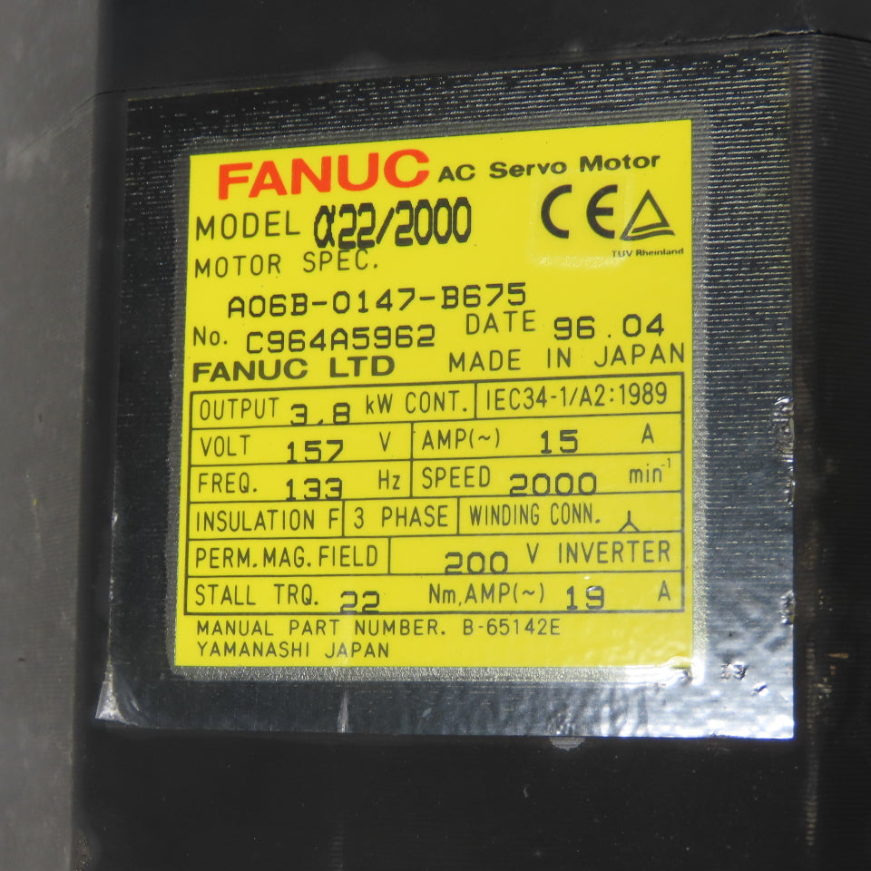 Fanuc A06B-0147-B675 3.8kW AC Servo Motor 157V 2000RPM 3Ph 133Hz