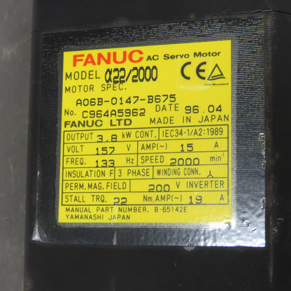 Fanuc A06B-0147-B675 3.8kW AC Servo Motor 157V 2000RPM 3Ph 133Hz