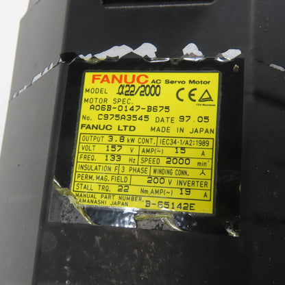 Fanuc <-- A06B-0147-B675 3.8kW AC Servo Motor 157V 2000RPM 3Ph 133Hz