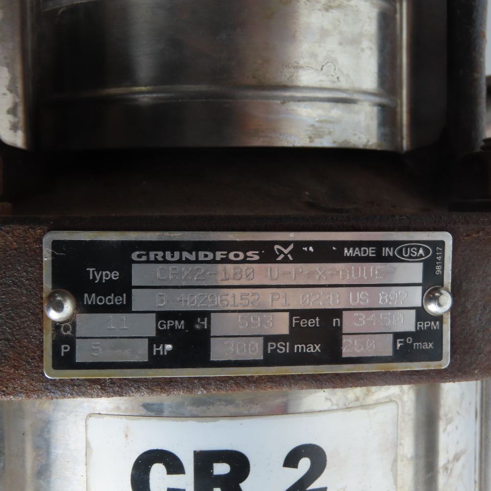 Grundfos CR2-180 U-P-X-AUUE 5HP Vertical Multistage Centrifugal Pump 11GPM 593ft