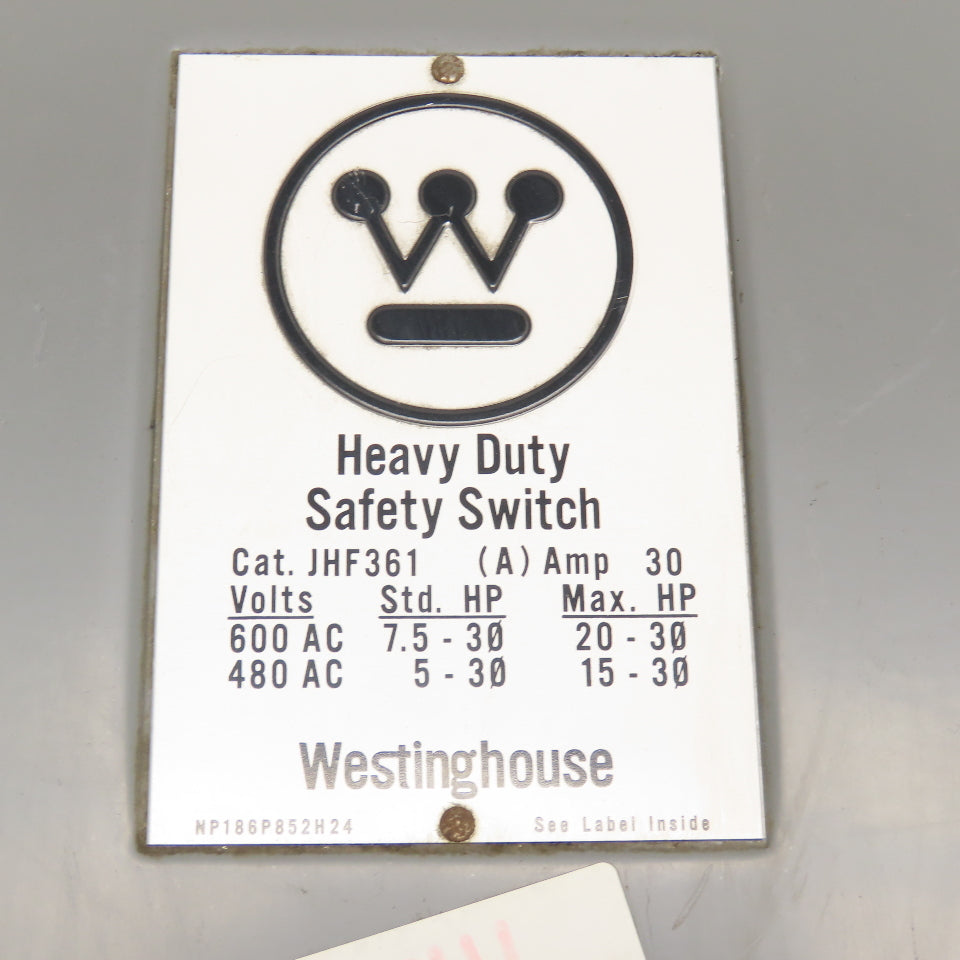 Westinghouse JHF361 600VAC 20Hp 3Ph 3 Pole Fused Safety Disconnect Switch