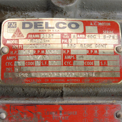 Delco R4121 7.5HP AC Electric Motor 230/460V 3Ph 3520RPM 213T Frame Tested