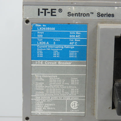 Siemens LXD63B500 LXD6-A I-T-E Sentron 500A 3-Pole Circuit Breaker 600VAC Max