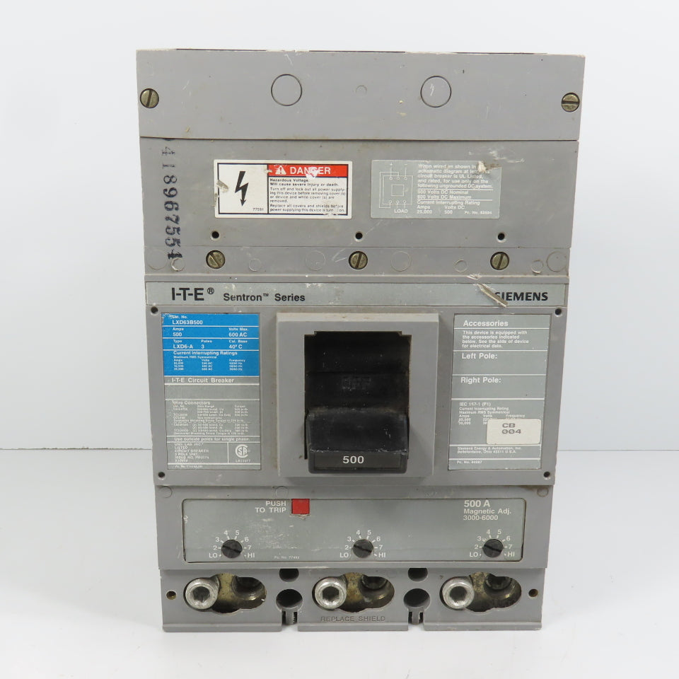 Siemens LXD63B500 LXD6-A I-T-E Sentron 500A 3-Pole Circuit Breaker 600VAC Max