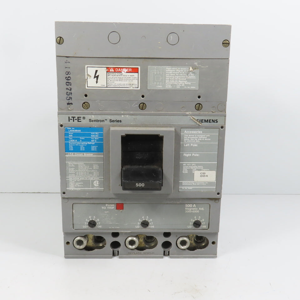Siemens LXD63B500 LXD6-A I-T-E Sentron 500A 3-Pole Circuit Breaker 600VAC Max