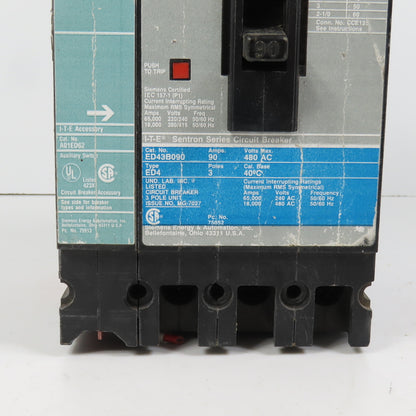 Siemens ED43B090 I-T-E Sentron ED4 90A 3-Pole Circuit Breaker 480VAC Max A01ED62