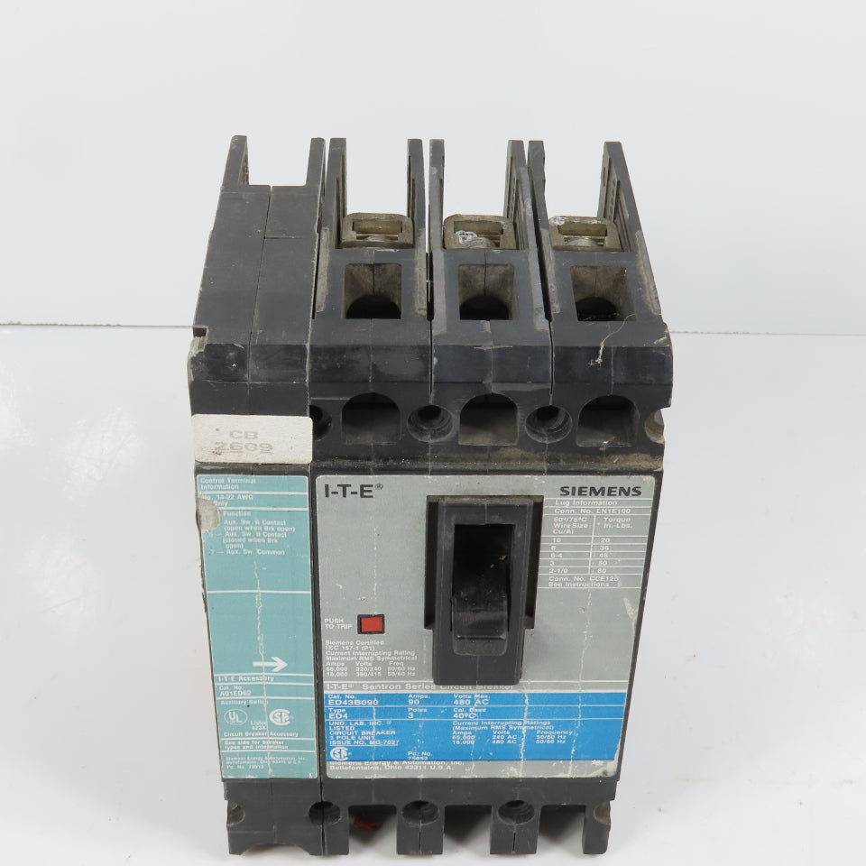 Siemens ED43B090 I-T-E Sentron ED4 90A 3-Pole Circuit Breaker 480VAC Max A01ED62