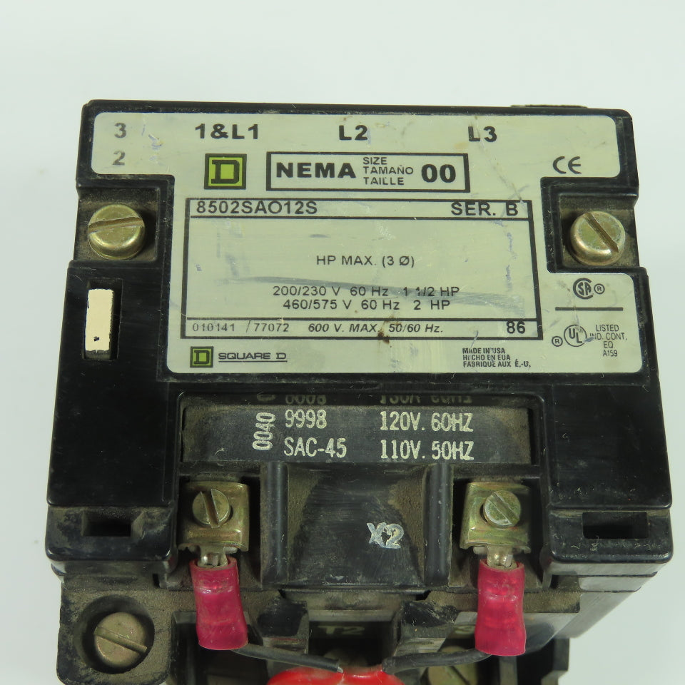 Square D 8502SAO12S NEMA Size 00 Magnetic Contactor 600V 120V Coil Series B