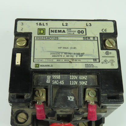 Square D 8502SAO12S NEMA Size 00 Magnetic Contactor 600V 120V Coil Series B