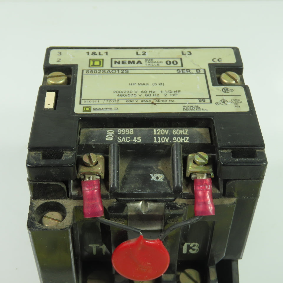 Square D 8502SAO12S NEMA Size 00 Magnetic Contactor 600V 120V Coil Series B