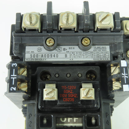 Allen-Bradley 500-A0D940 18A Size 0 Magnetic Contactor 115-120V Coil