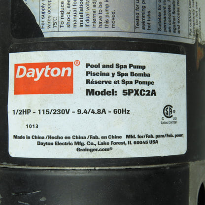 Dayton 5PXC2A 1/2HP Electric Pool Pump Motor 115/230V 1Ph 3450RPM 56Y Frame