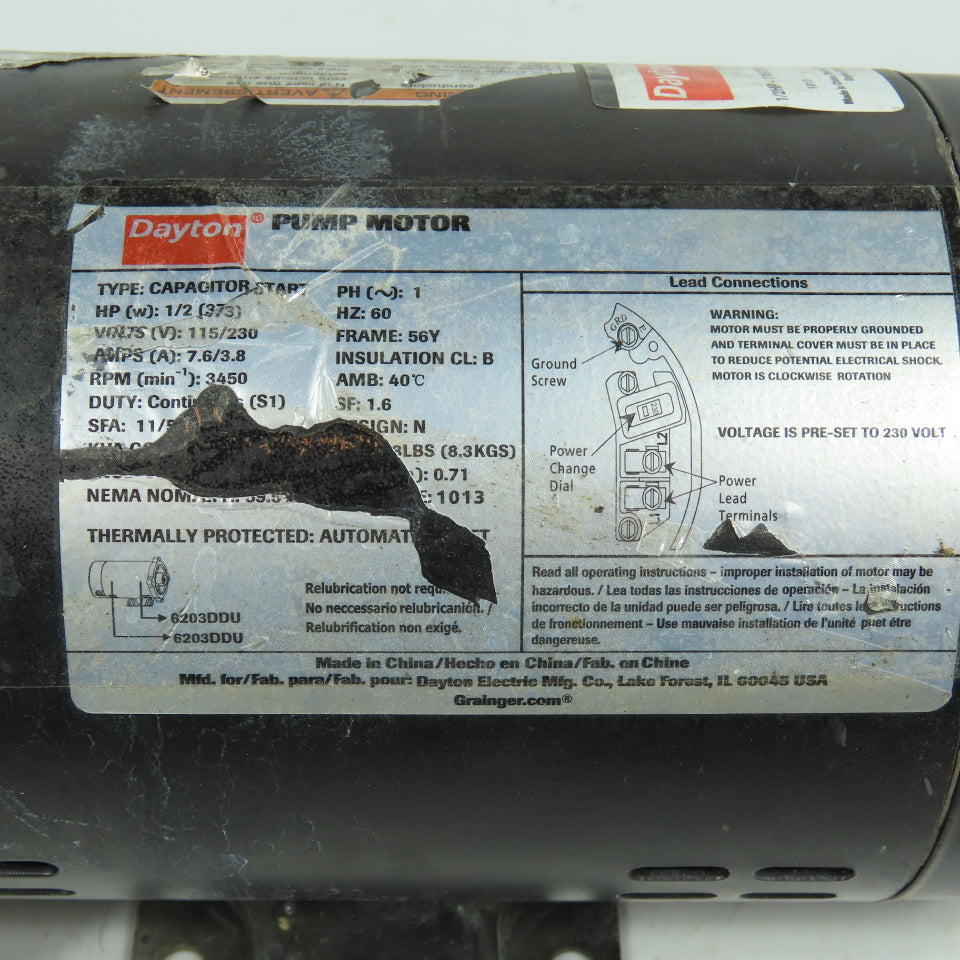 Dayton 5PXC2A 1/2HP Electric Pool Pump Motor 115/230V 1Ph 3450RPM 56Y Frame