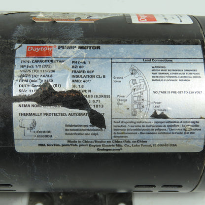 Dayton 5PXC2A 1/2HP Electric Pool Pump Motor 115/230V 1Ph 3450RPM 56Y Frame