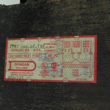 Dongan 50-1000-053 Control Transformer 1.00 KVA 240/480V to 120V