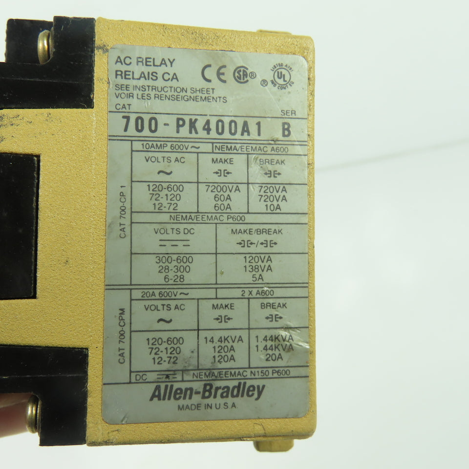 Allen-Bradley 700-PK400A1 4-Pole Master Control AC Relay 115-120V 60Hz 10A