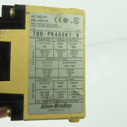 Allen-Bradley 700-PK400A1 4-Pole Master Control AC Relay 115-120V 60Hz 10A