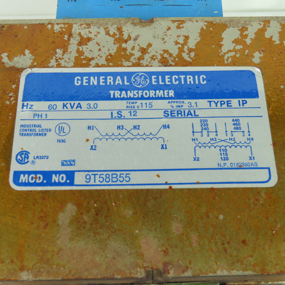 General Electric 9T58B55 3.0 KVA Transformer 1Ph 110/120V Sec 220/480V Pri
