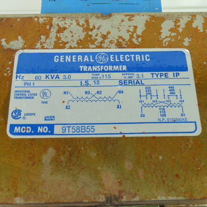 General Electric 9T58B55 3.0 KVA Transformer 1Ph 110/120V Sec 220/480V Pri