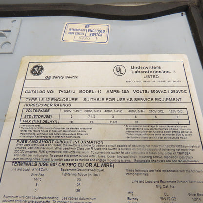 General Electric TH3361J 30A 3-Pole Fusible Safety Disconnect Switch 600VAC