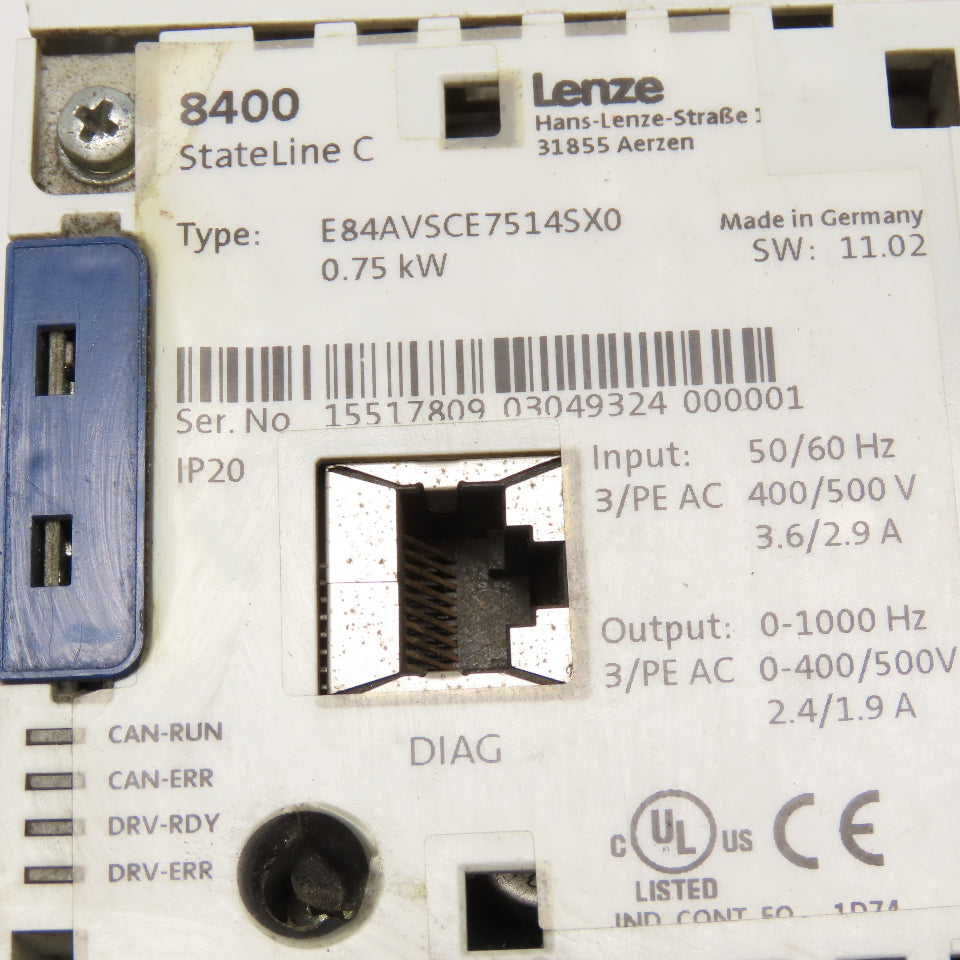 Lenze E84AVSCE7514SX0 0.75kW 400/500V 50/60Hz Input 0-1000Hz Frequency Inverter