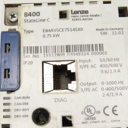 Lenze E84AVSCE7514SX0 0.75kW 400/500V 50/60Hz Input 0-1000Hz Frequency Inverter