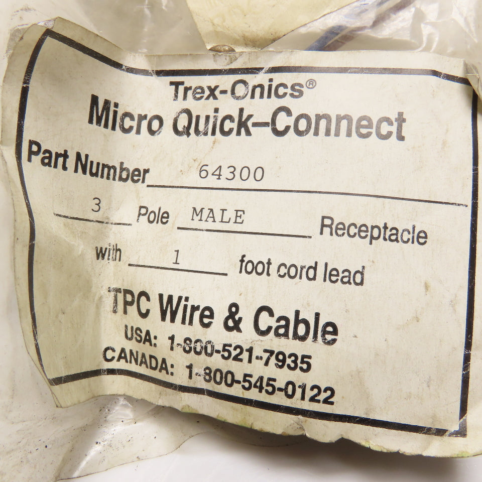 TPC Wire & Cable 64300 3 Pole Male Micro Quick Connect Cord Assembly 1' Lot Of 3