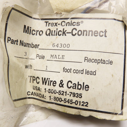 TPC Wire & Cable 64300 3 Pole Male Micro Quick Connect Cord Assembly 1' Lot Of 3