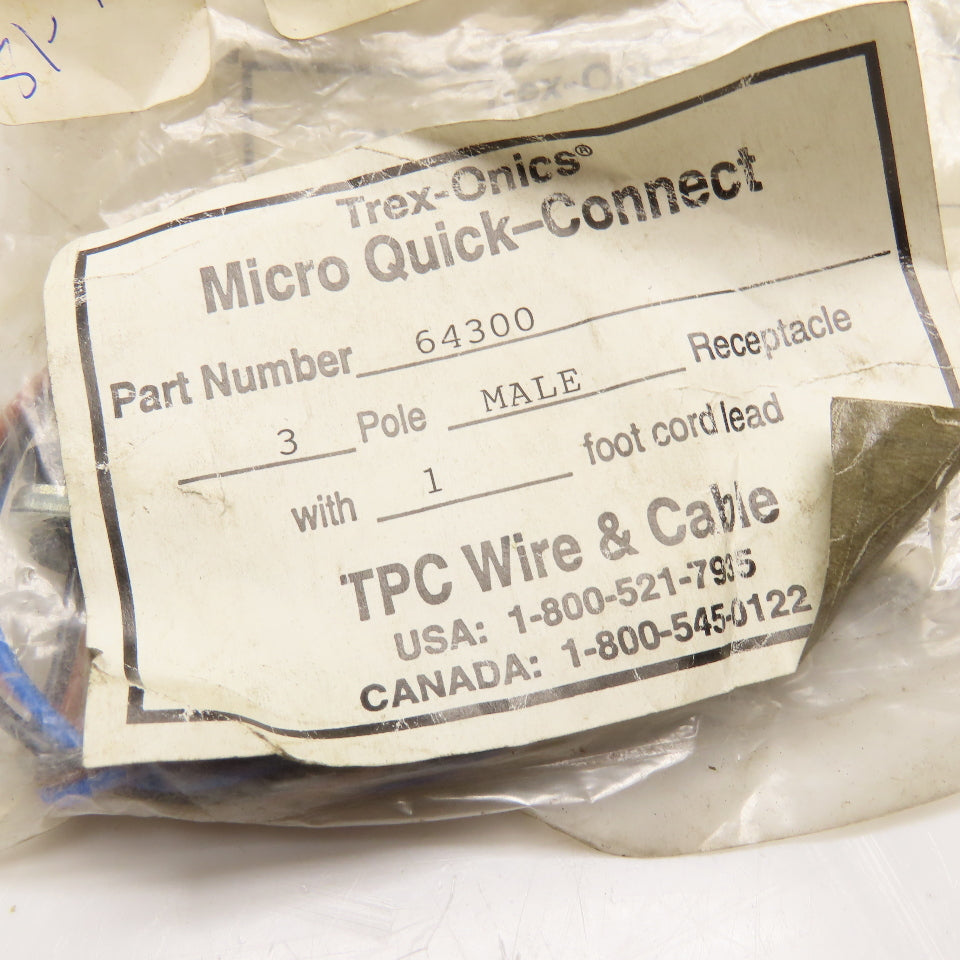 TPC Wire & Cable 64300 3 Pole Male Micro Quick Connect Cord Assembly 1' Lot Of 3