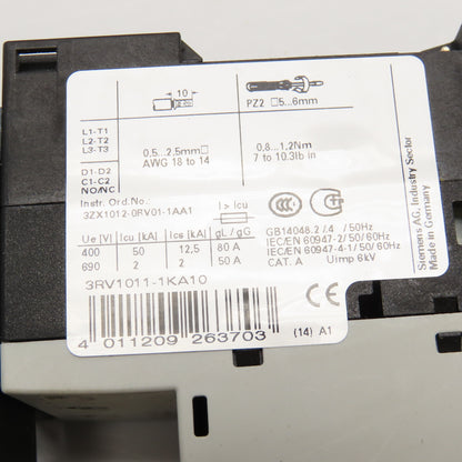 Siemens 3RV1011-1KA10 600V 10Hp 9-12A Trip Circuit Breaker W/ Aux Contacts 24VDC