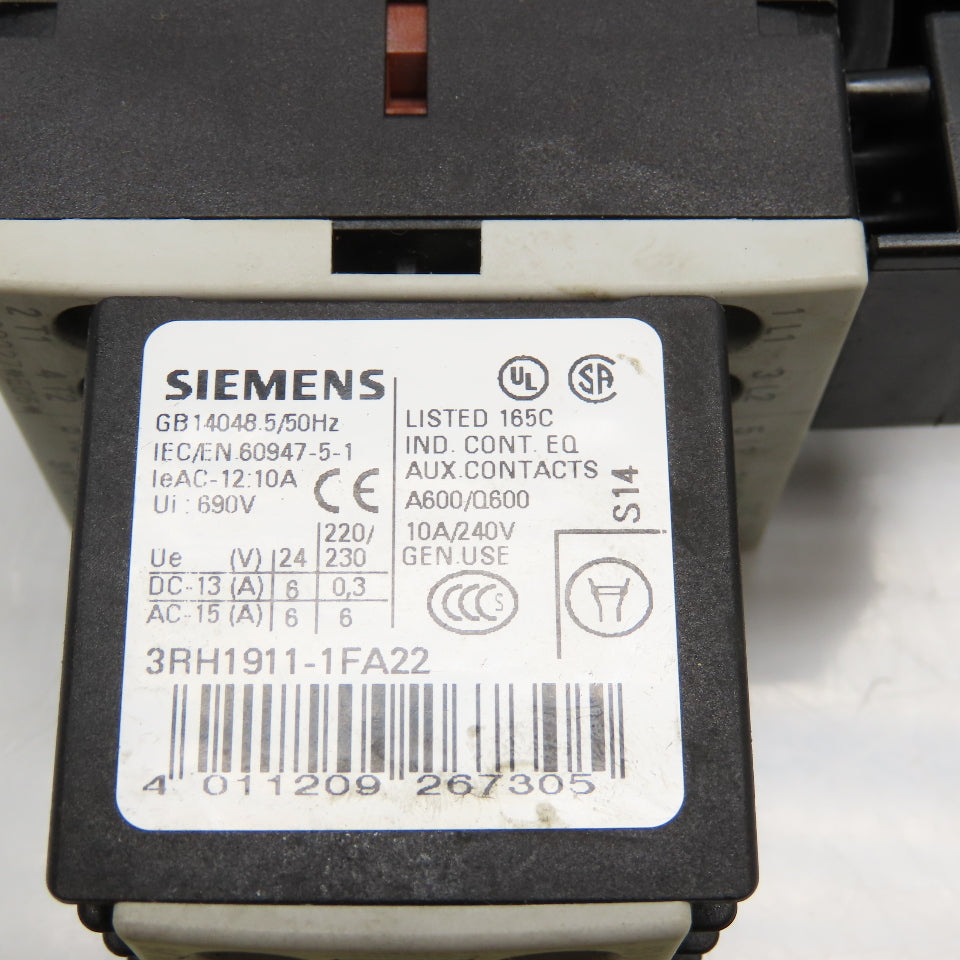 Siemens 3RV1011-1KA10 600V 10Hp 9-12A Trip Circuit Breaker W/ Aux Contacts 24VDC