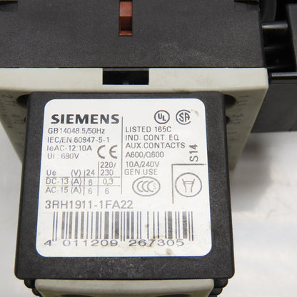 Siemens 3RV1011-1KA10 600V 10Hp 9-12A Trip Circuit Breaker W/ Aux Contacts 24VDC