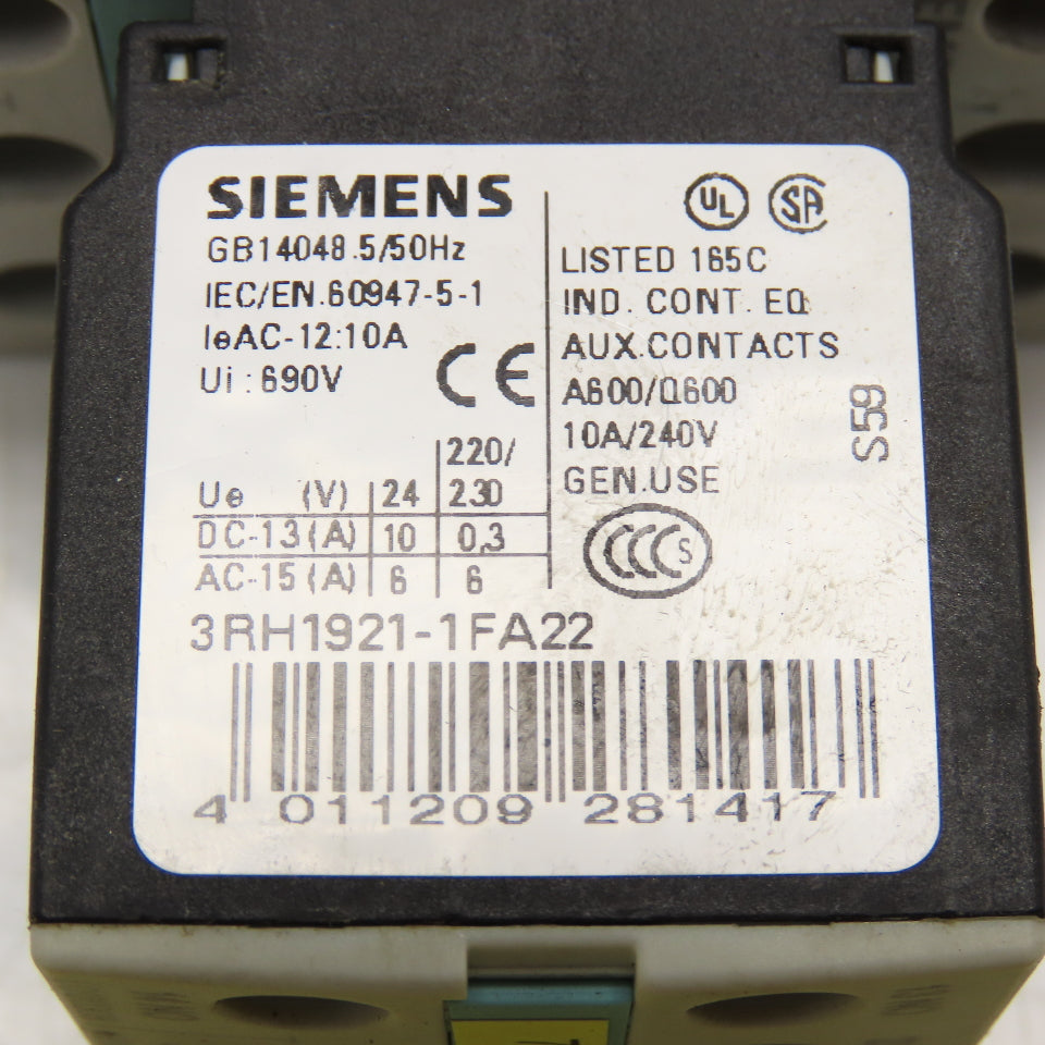 Siemens 3RT1025-1B 3RH1921-1FA22 Contactor 600V 10Hp W/ Aux. 2 N/O N/C 24VDC