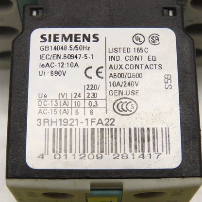 Siemens 3RT1025-1B 3RH1921-1FA22 Contactor 600V 10Hp W/ Aux. 2 N/O N/C 24VDC