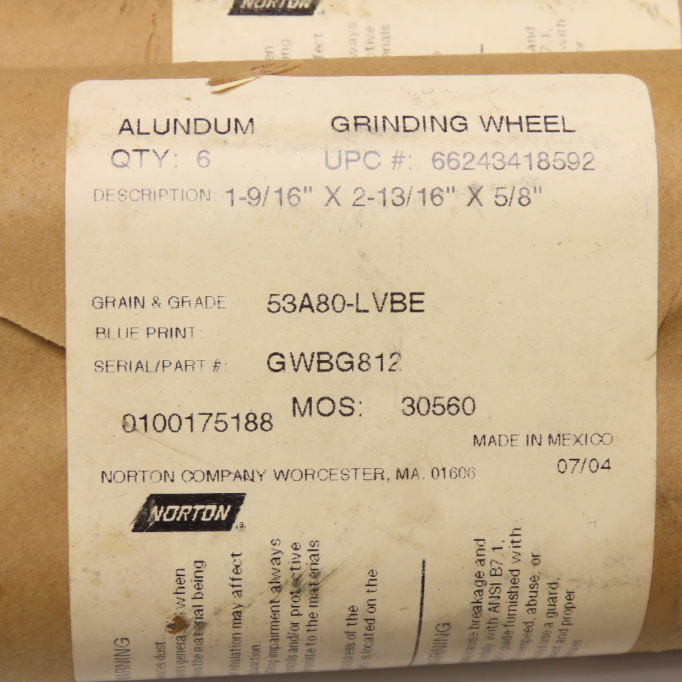 Norton 1-9/16" x 2-13/16" x 5/8" Alundum Grinding Wheel 53A80-LVBE Lot Of 30