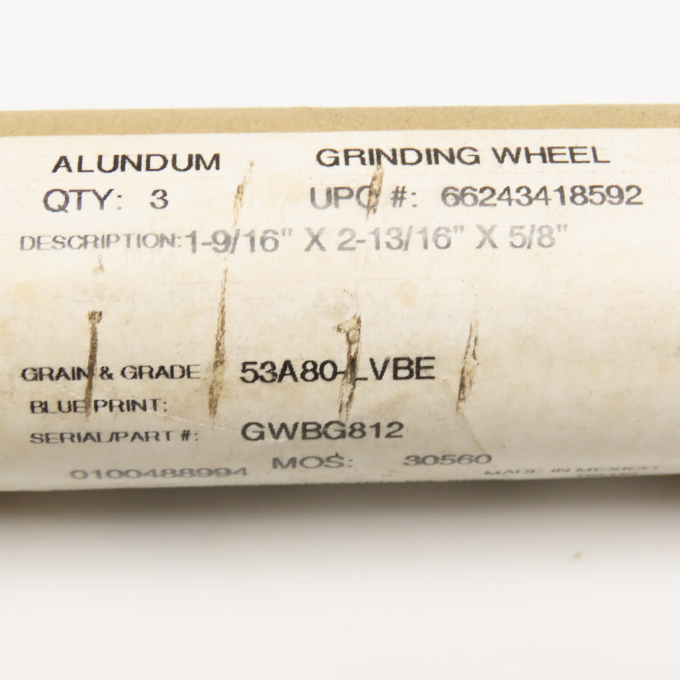 Norton 1-9/16" x 2-13/16" x 5/8" Alundum Grinding Wheel 53A80-LVBE Lot Of 3