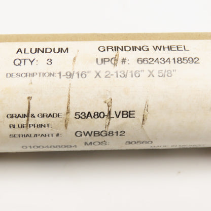 Norton 1-9/16" x 2-13/16" x 5/8" Alundum Grinding Wheel 53A80-LVBE Lot Of 3